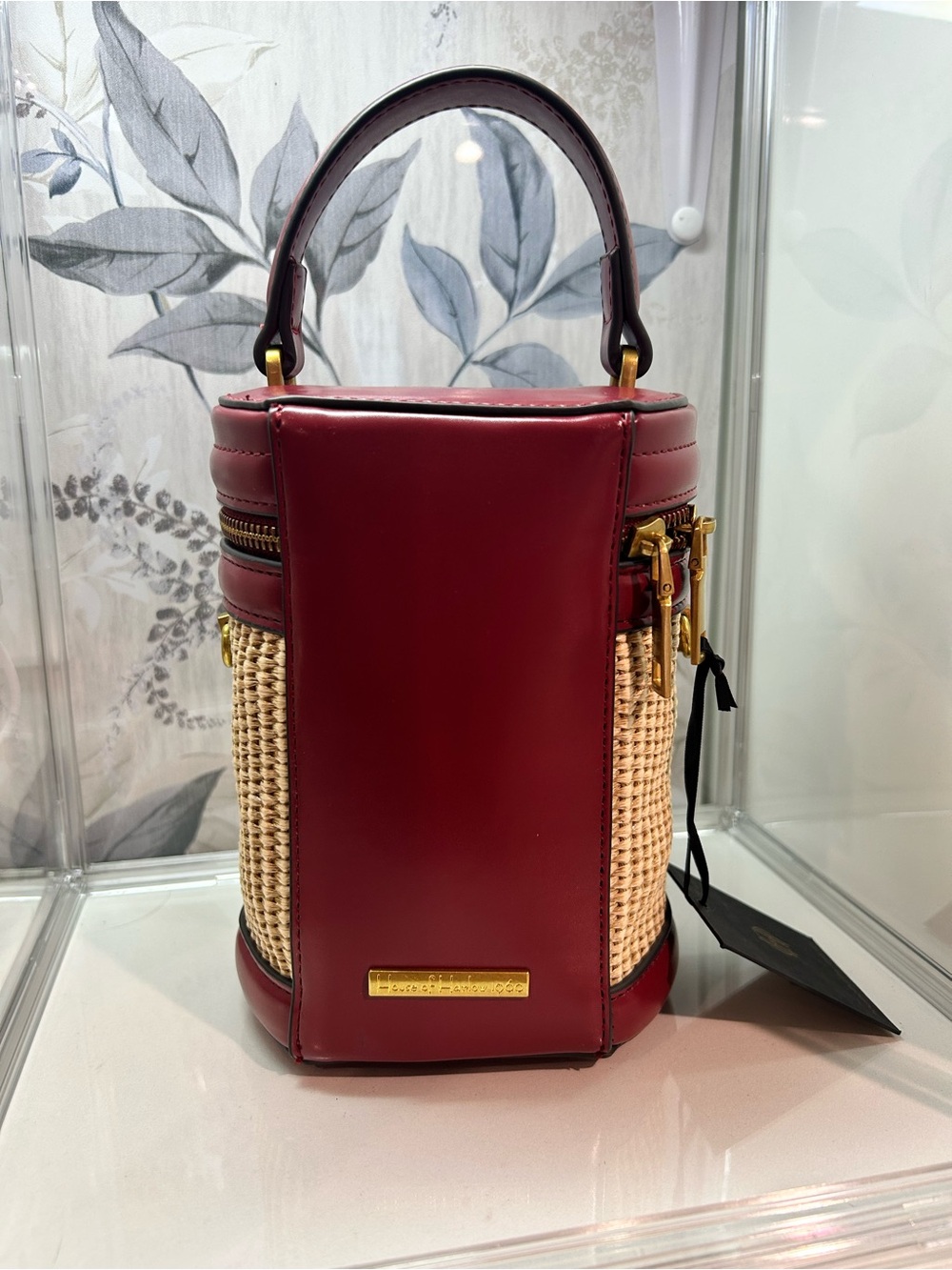 House of Harlow 1960 Structured Burgundy and Natural Woven Top-Handle Bag